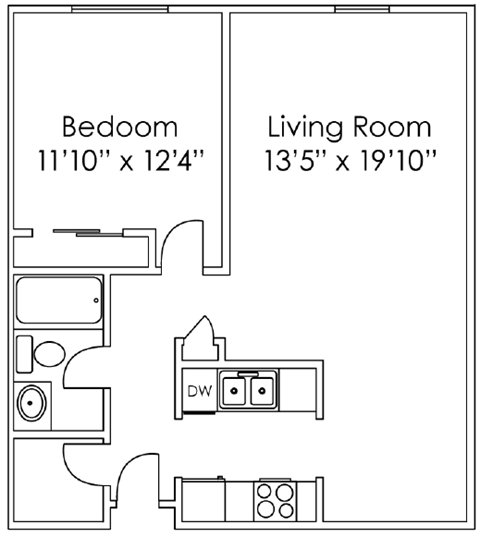 Floor plan for 1 bed, 1 bath, 741 sqft